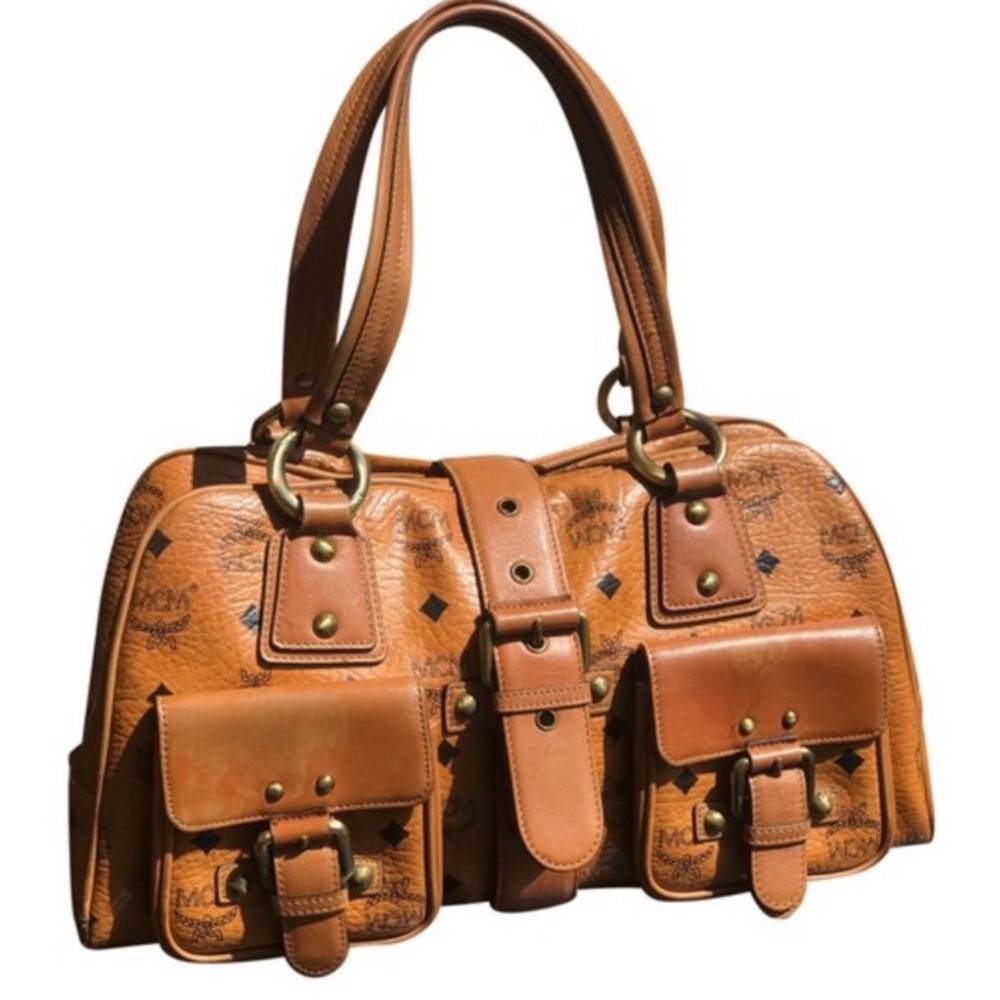 💯 Authentic MCM Boston Bag Visetos Cognac Leather Satchel